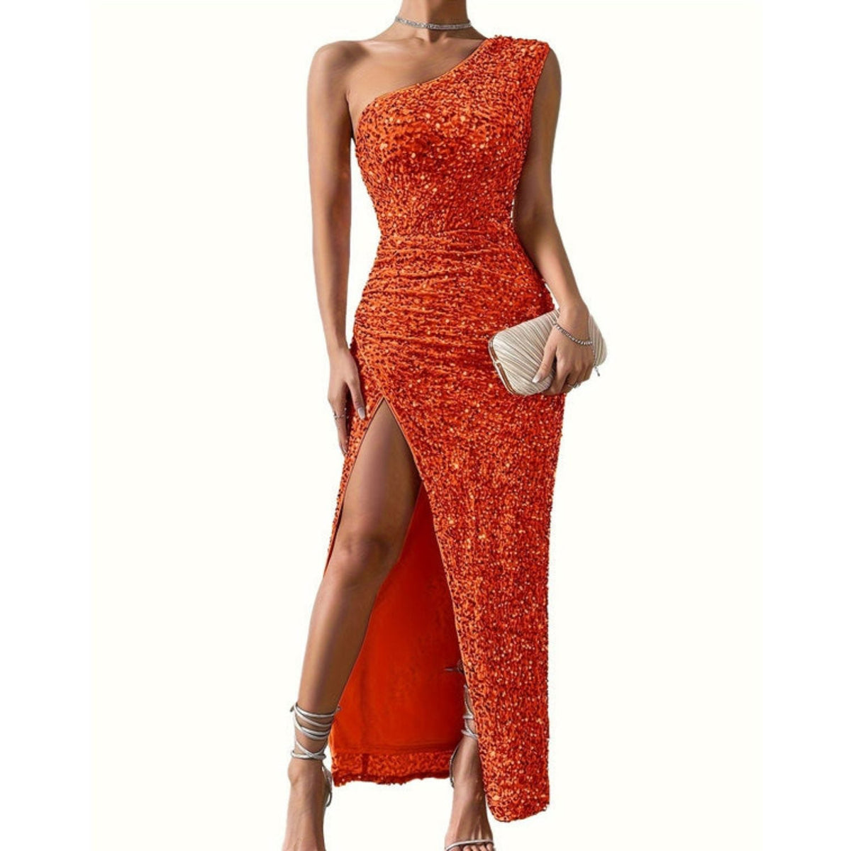 Women's One-Shoulder Sequin High Slit Maxi Gown - Orange