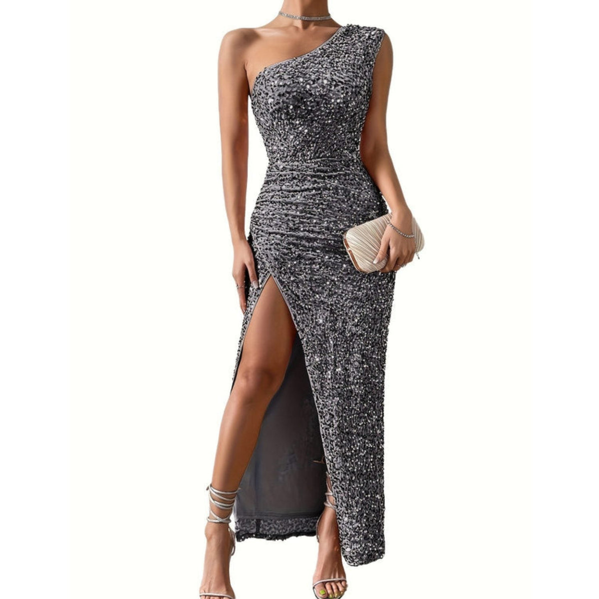 Women's One-Shoulder Sequin High Slit Maxi Gown - Gray