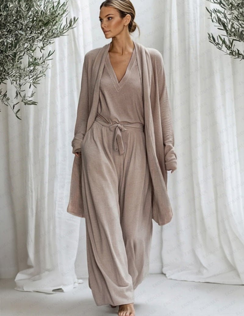 Women's Three Piece Lounge Set with Longline Robe - Taupe