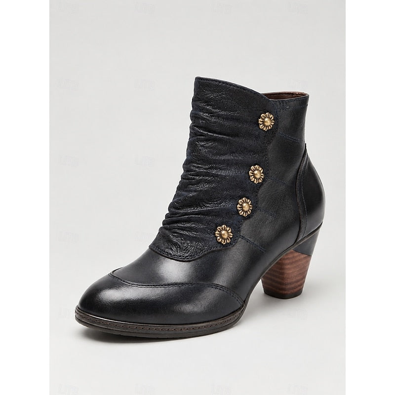 Women's Ruched Ankle Boots with Floral Buttons and Block Heel