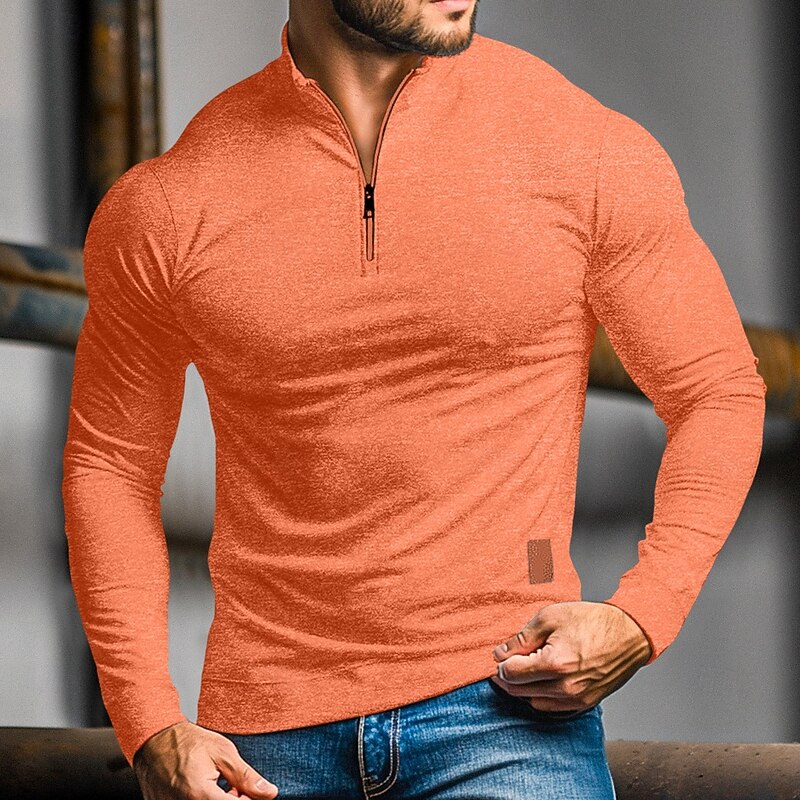 Men's Quarter-Zip Long Sleeve Stand Collar Polo - Orange