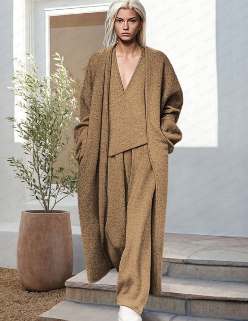 Women's Three Piece Lounge Set with Longline Cardigan - Khaki