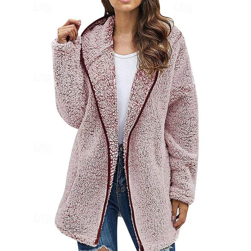 Women's Plush Hooded Zip-Up Jacket - Pink