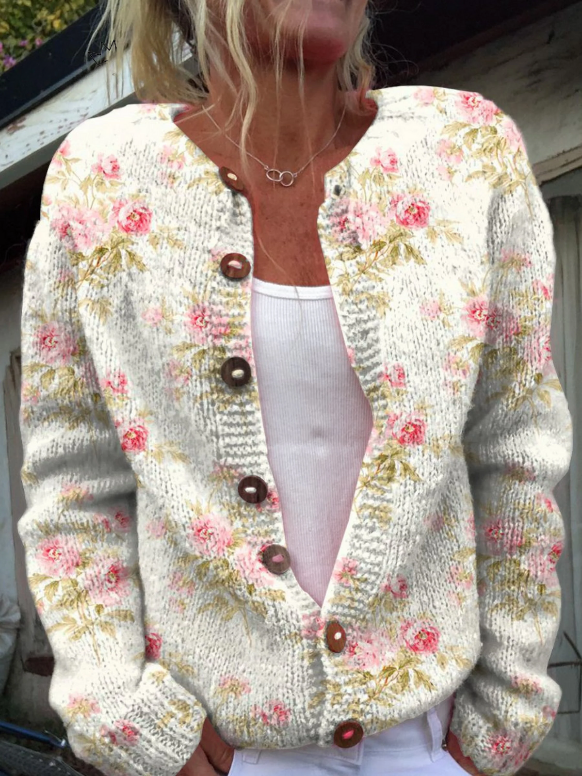 Women's Floral Chunky Knit Button-Up Cardigan