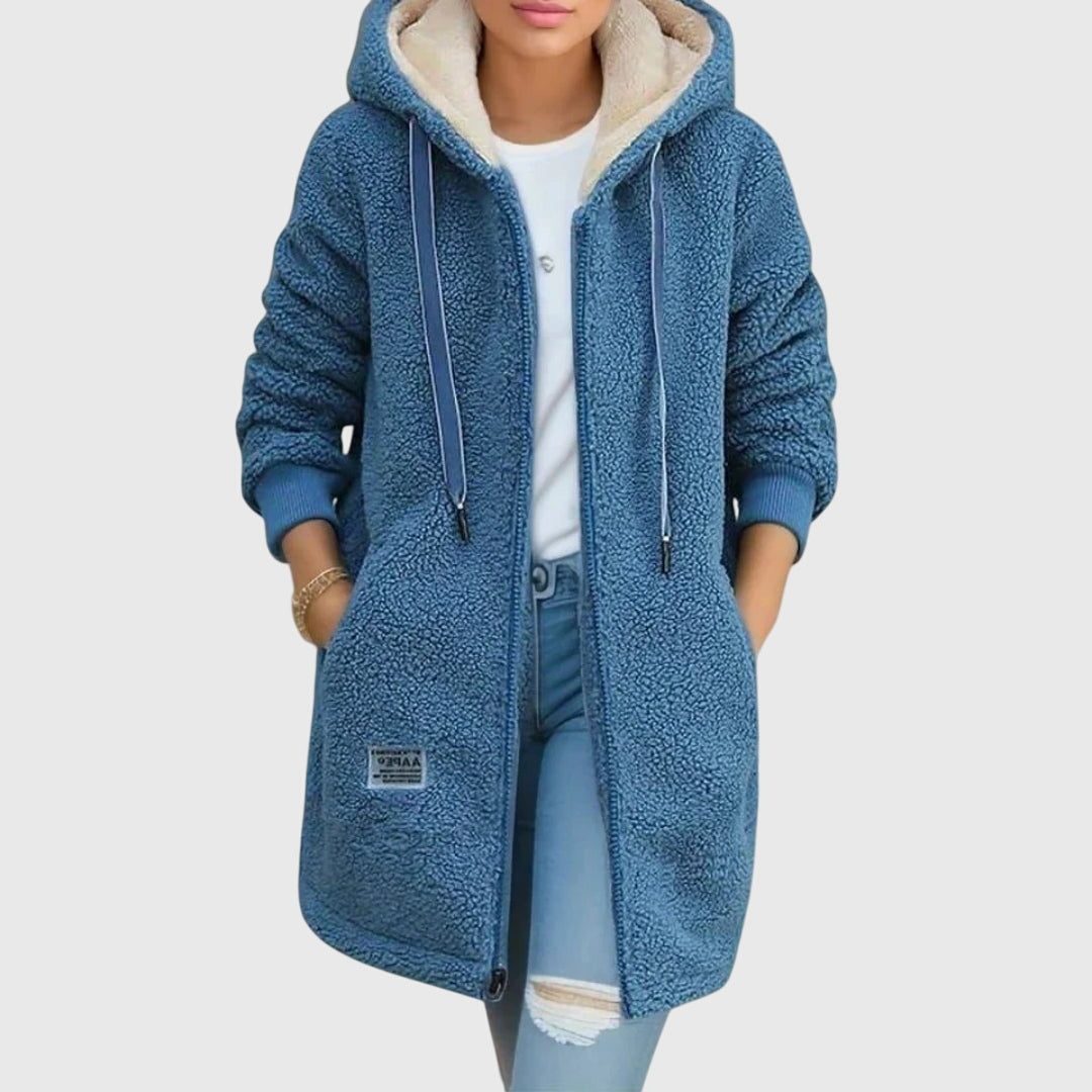 Women's Oversized Fleece Zip Jacket with Sherpa-Lined Hood - Blue