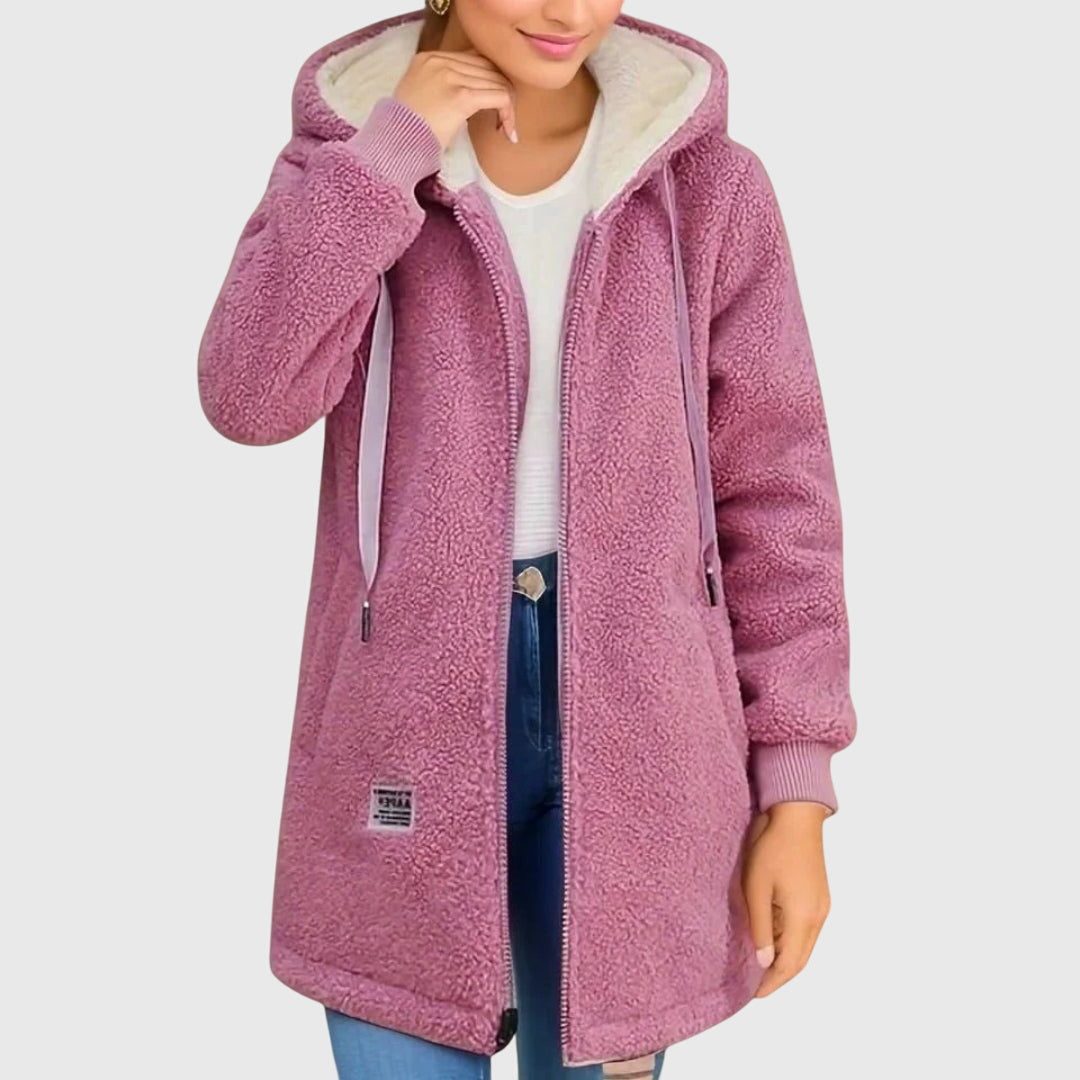 Women's Oversized Fleece Zip Jacket with Sherpa-Lined Hood - Pink