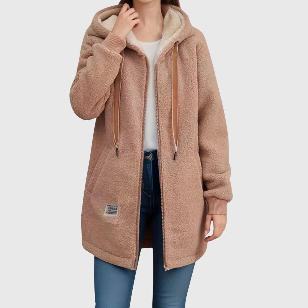 Women's Oversized Fleece Zip Jacket with Sherpa-Lined Hood - Brown