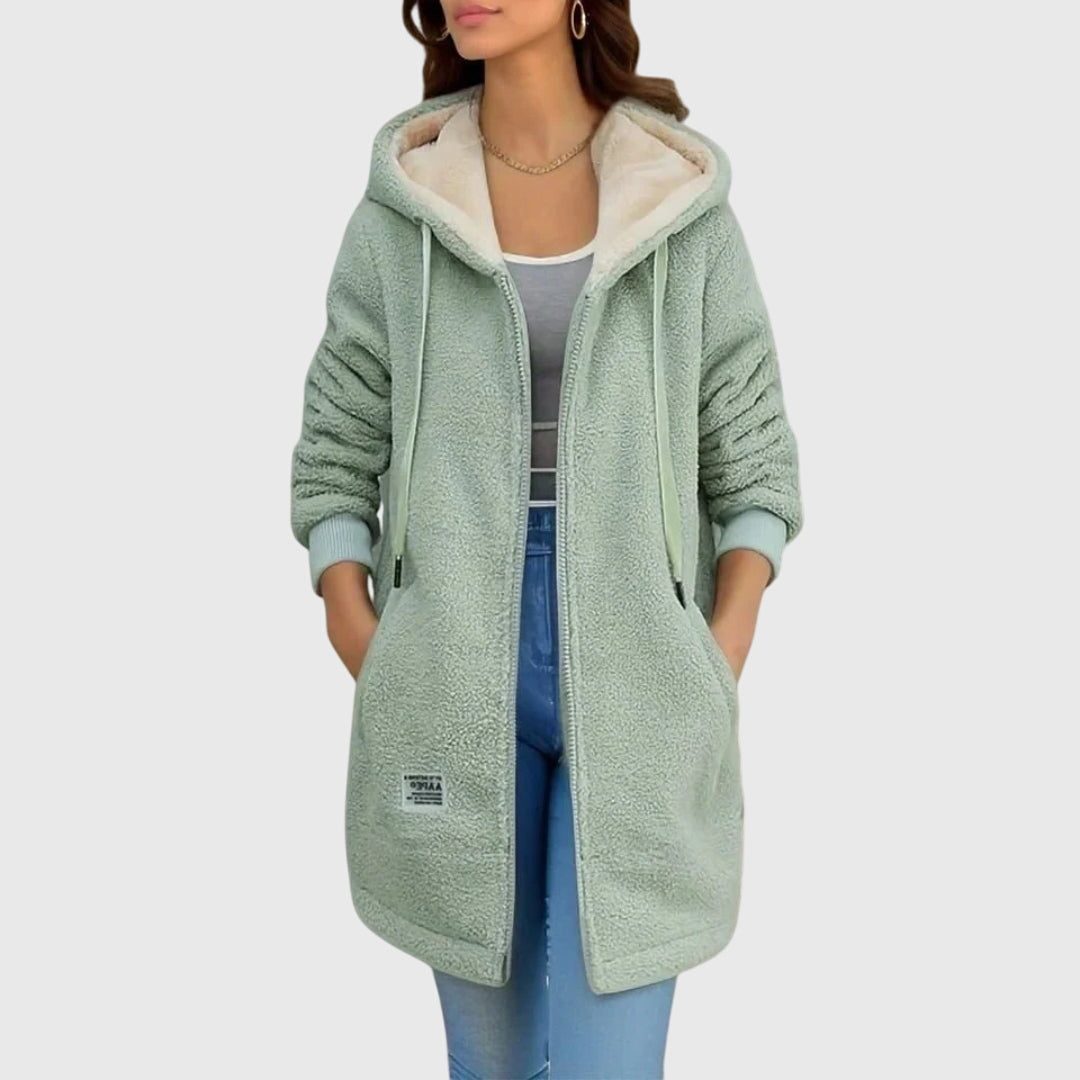Women's Oversized Fleece Zip Jacket with Sherpa-Lined Hood - Green
