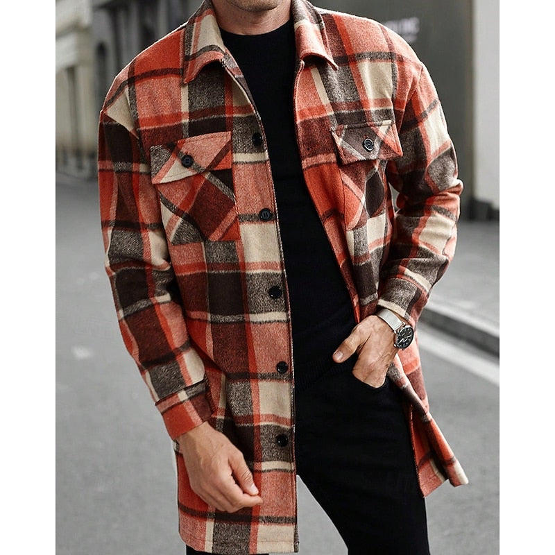 Women's Checked Overshirt Shirt Jacket with Chest Pockets - Orange