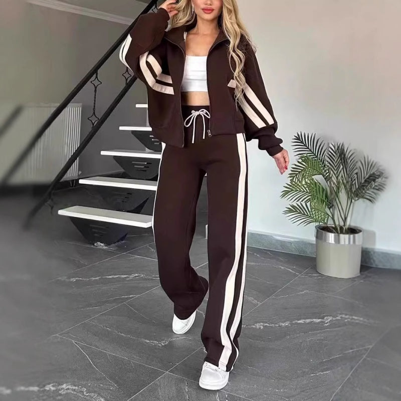 Women's Contrast Stripe Zip-Up Wide-Leg Tracksuit Set