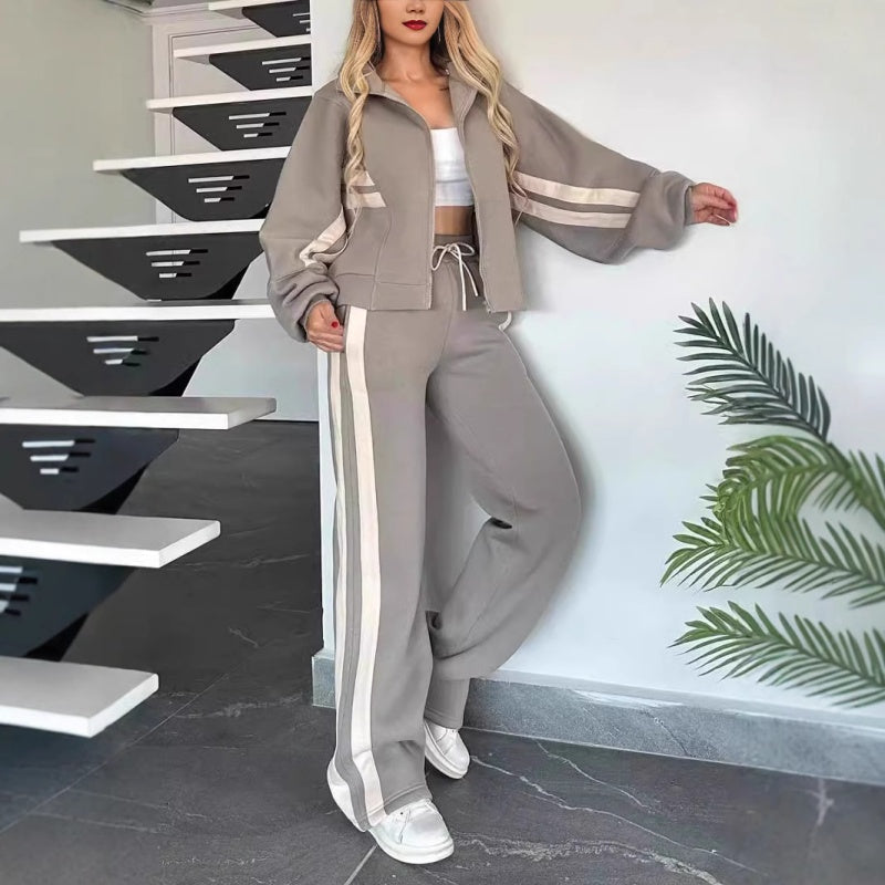 Women's Contrast Stripe Zip-Up Wide-Leg Tracksuit Set