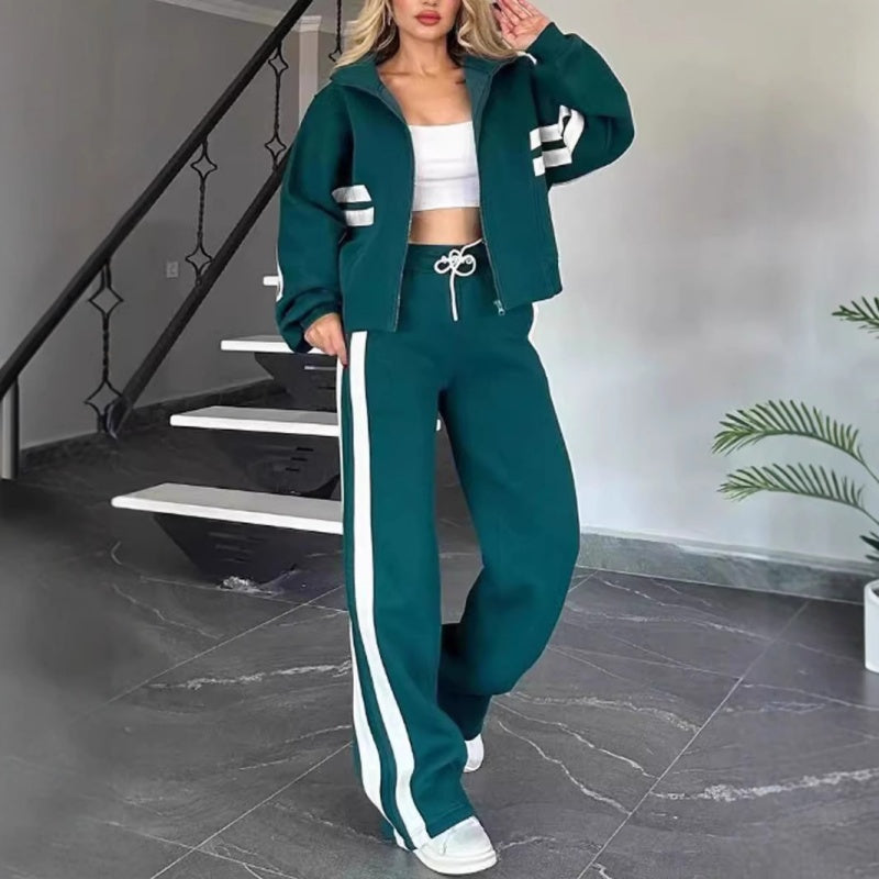 Women's Contrast Stripe Zip-Up Wide-Leg Tracksuit Set