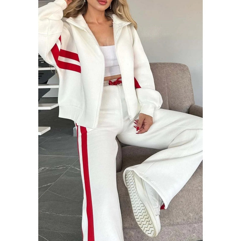 Women's Contrast Stripe Zip-Up Wide-Leg Tracksuit Set