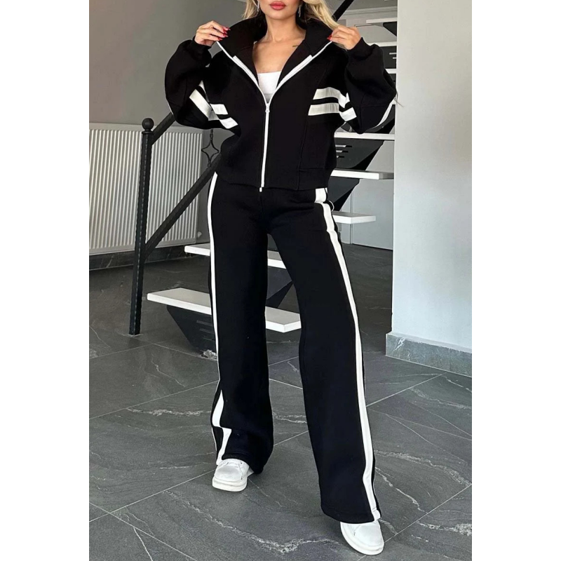 Women's Contrast Stripe Zip-Up Wide-Leg Tracksuit Set