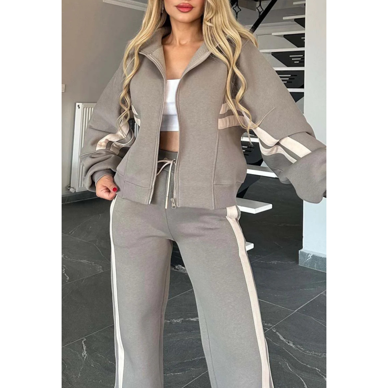 Women's Contrast Stripe Zip-Up Wide-Leg Tracksuit Set