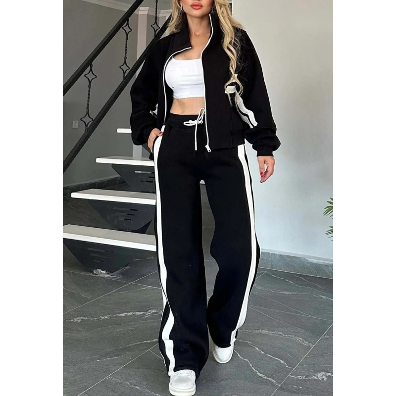 Women's Contrast Stripe Zip-Up Wide-Leg Tracksuit Set
