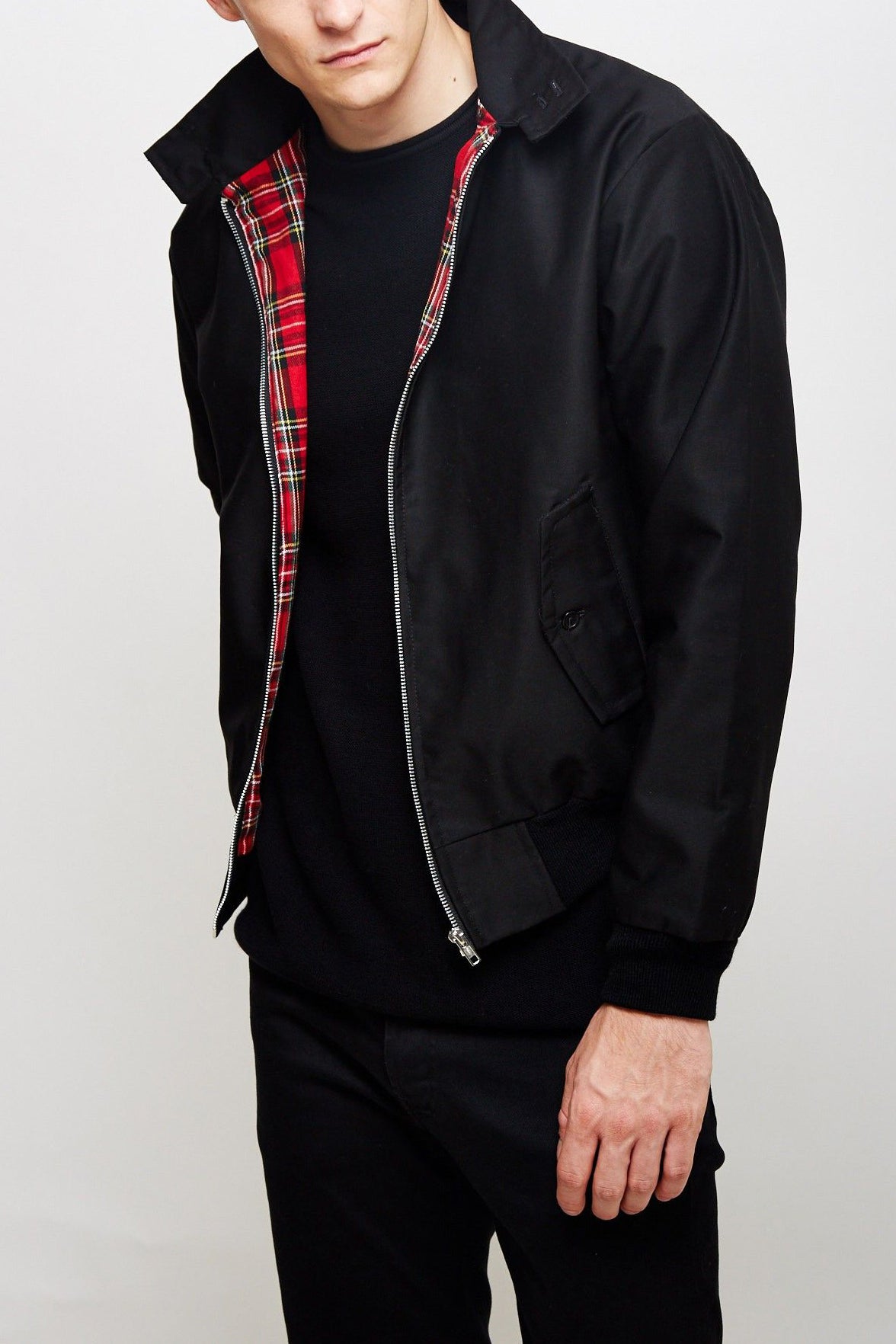 Men's Tartan-Lined Harrington Zip-Up Jacket - Navy Blue