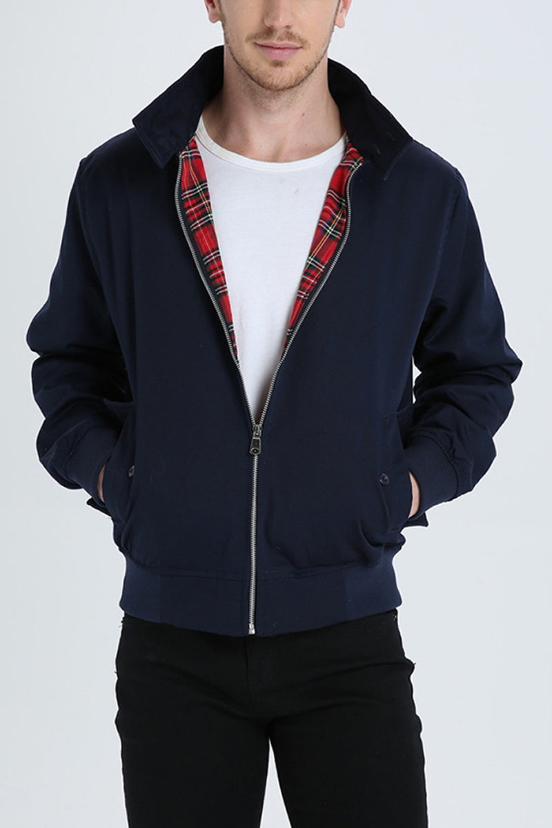 Men's Tartan-Lined Harrington Zip-Up Jacket - Dark Green