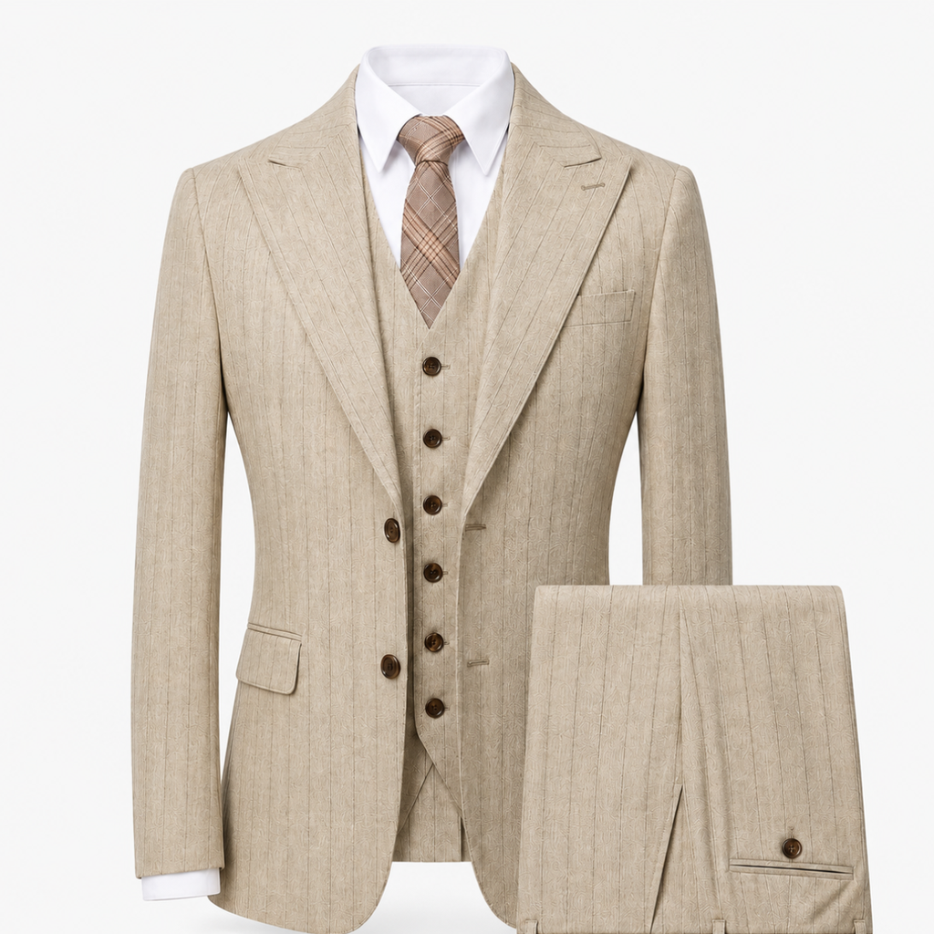 Men's Pinstripe Three Piece Suit Tailored Wedding and Formal - Beige
