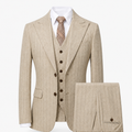 Men's Pinstripe Three Piece Suit Tailored Wedding and Formal - Beige