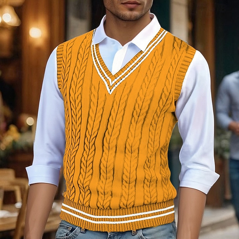 Men's Striped Cable-Knit V-Neck Vest - Purple