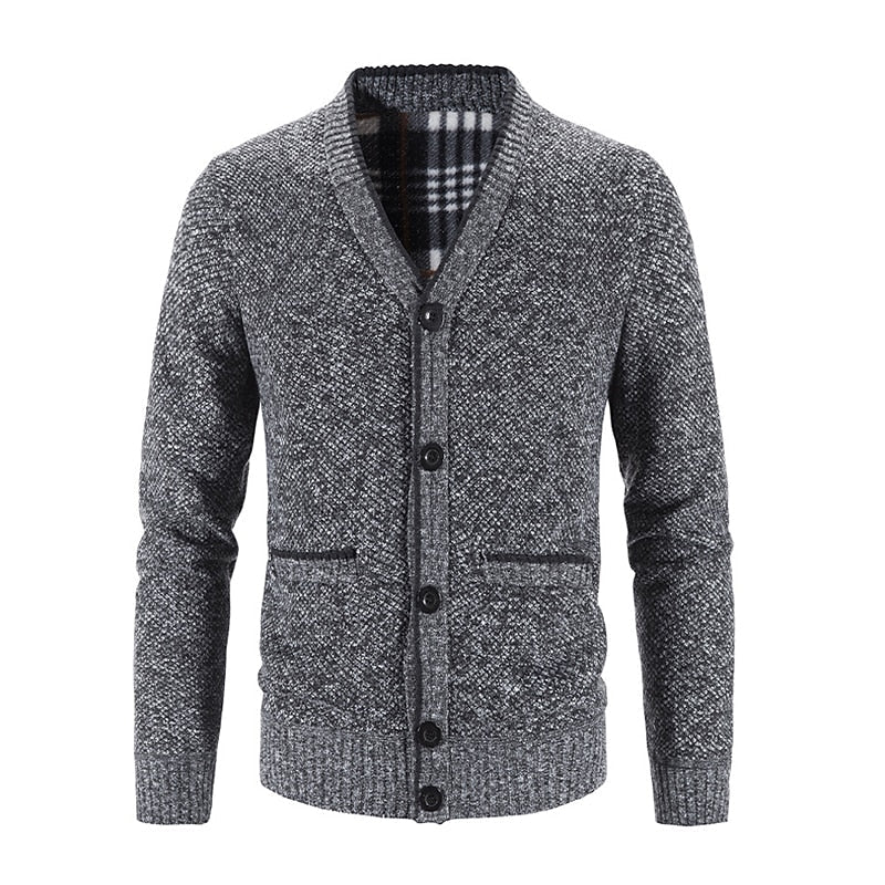 Men's Lined V-Neck Button-Front Cardigan with Pockets - Dark Gray