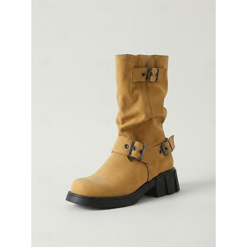 Women's Block Heel Moto Boots with Lug Sole