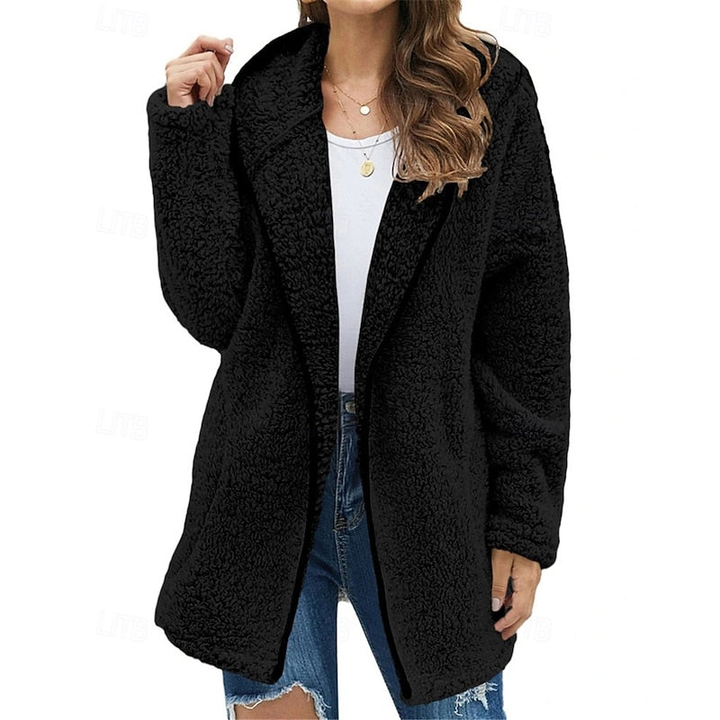 Women's Plush Hooded Zip-Up Jacket - Black