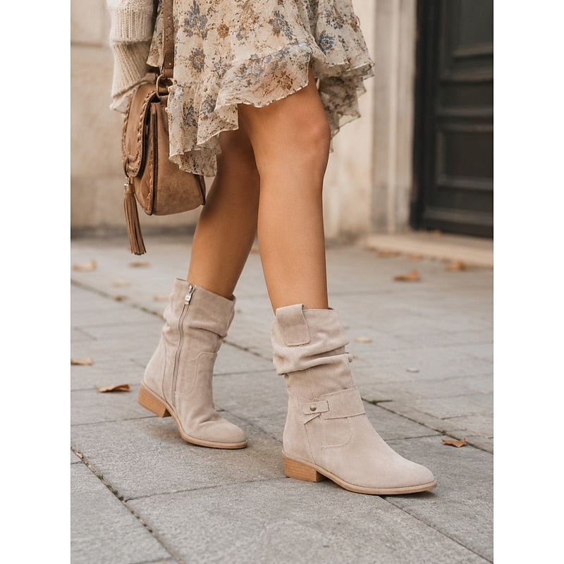 Women's Slouchy Block-Heel Ankle Boots with Side Zip - Brown