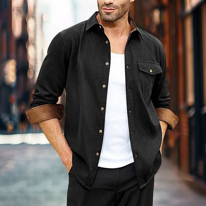 Men's Rugged Button-Front Overshirt with Chest Pocket - Black