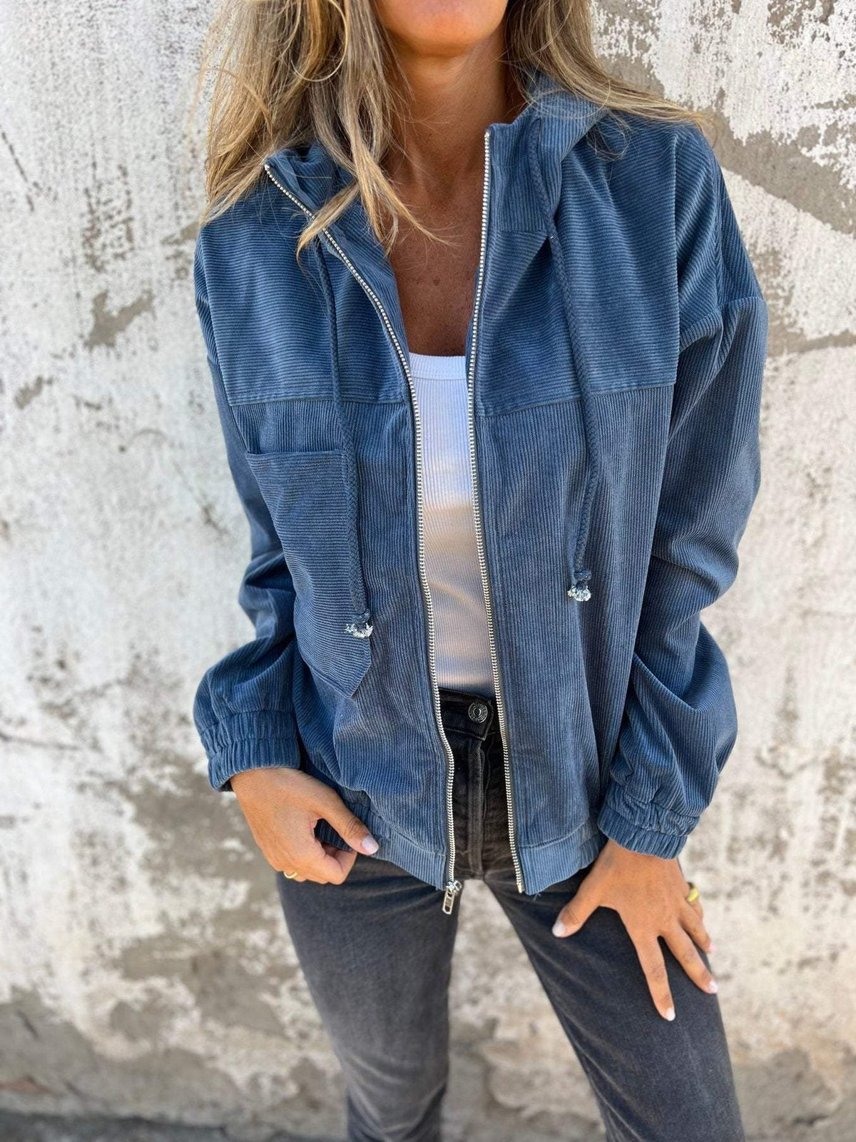 Women's Oversized Hooded Zip-Up Corduroy Jacket - Blue