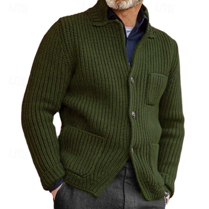 Men's Ribbed Stand-Collar Button Cardigan with Pockets