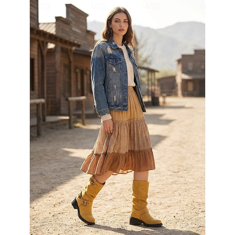 Women's Block Heel Moto Boots with Lug Sole - Brown