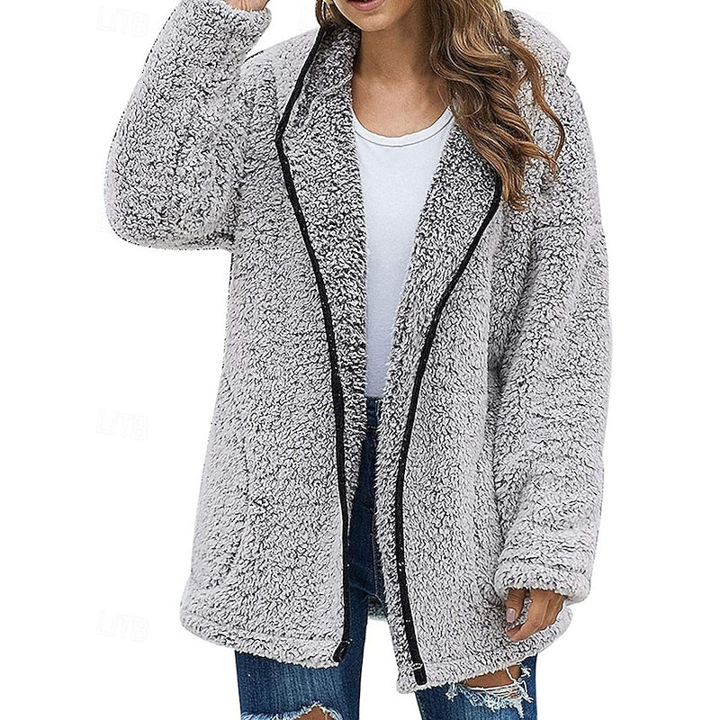 Women's Plush Hooded Zip-Up Jacket - Gray