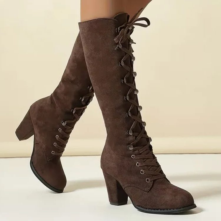 Women's Lace-Up Suede Block Heel Knee High Boots