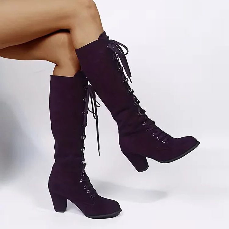 Women's Lace-Up Suede Block Heel Knee High Boots