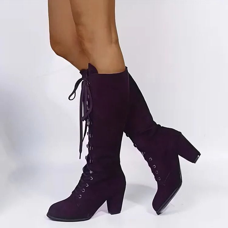 Women's Lace-Up Suede Block Heel Knee High Boots