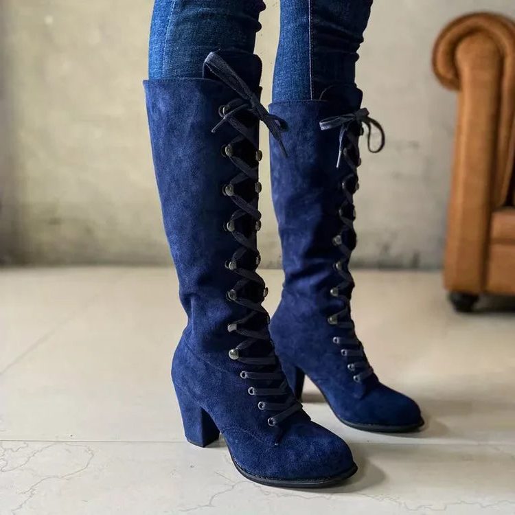 Women's Lace-Up Suede Block Heel Knee High Boots