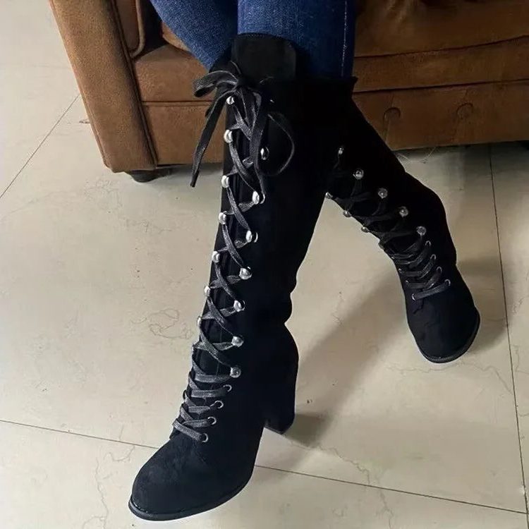 Women's Lace-Up Suede Block Heel Knee High Boots