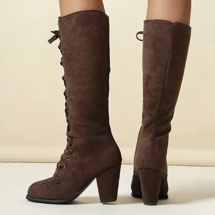 Women's Lace-Up Suede Block Heel Knee High Boots