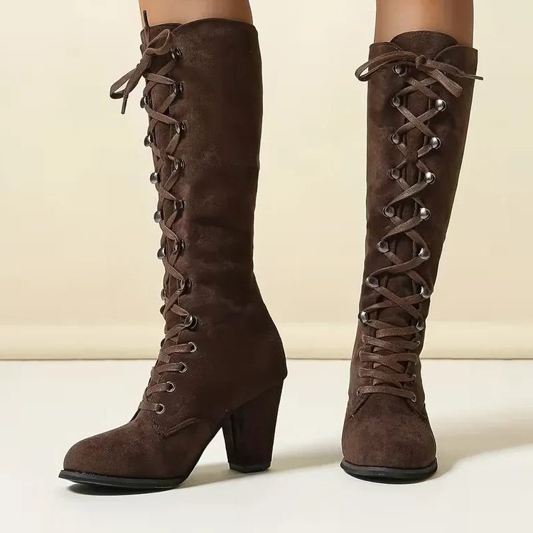 Women's Lace-Up Suede Block Heel Knee High Boots