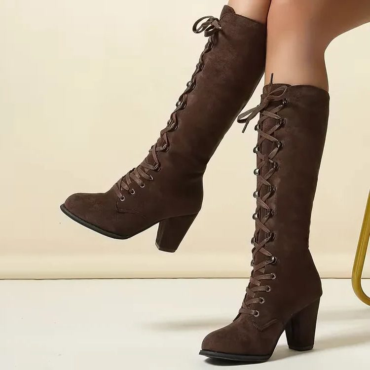 Women's Lace-Up Suede Block Heel Knee High Boots