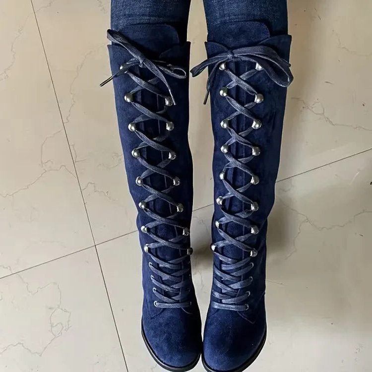 Women's Lace-Up Suede Block Heel Knee High Boots