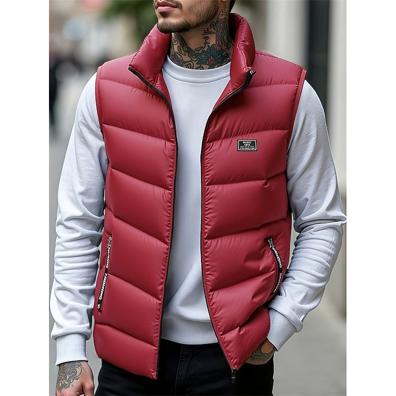 Men's Quilted Puffer Vest with Stand Collar - Red