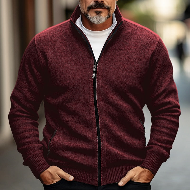 Men's Stand-Collar Full-Zip Knit Cardigan - Red