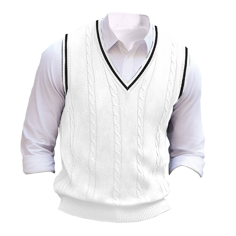 Men's Cable-Knit V-Neck Sweater Vest - White