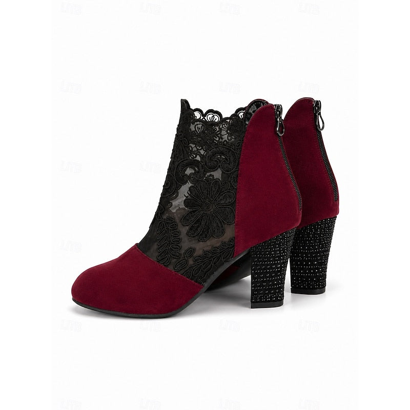 Women's Floral Lace Block Heel Ankle Boots