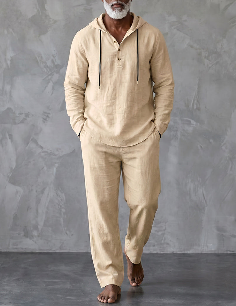 Men's Hooded Henley Lounge Set - Beige