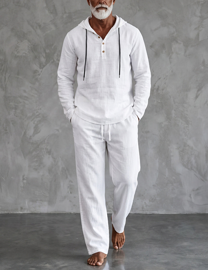 Men's Hooded Henley Lounge Set - White