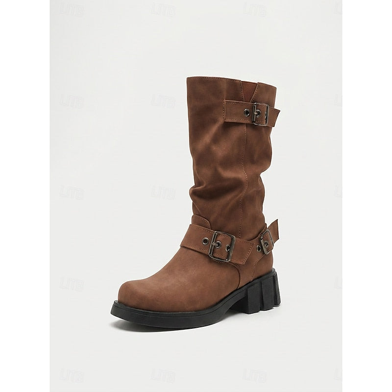 Women's Block Heel Moto Boots with Lug Sole